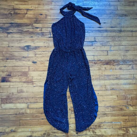 Haute Hippie Silk Beaded Halter Jumpsuit in Navy - Picture 1 of 10